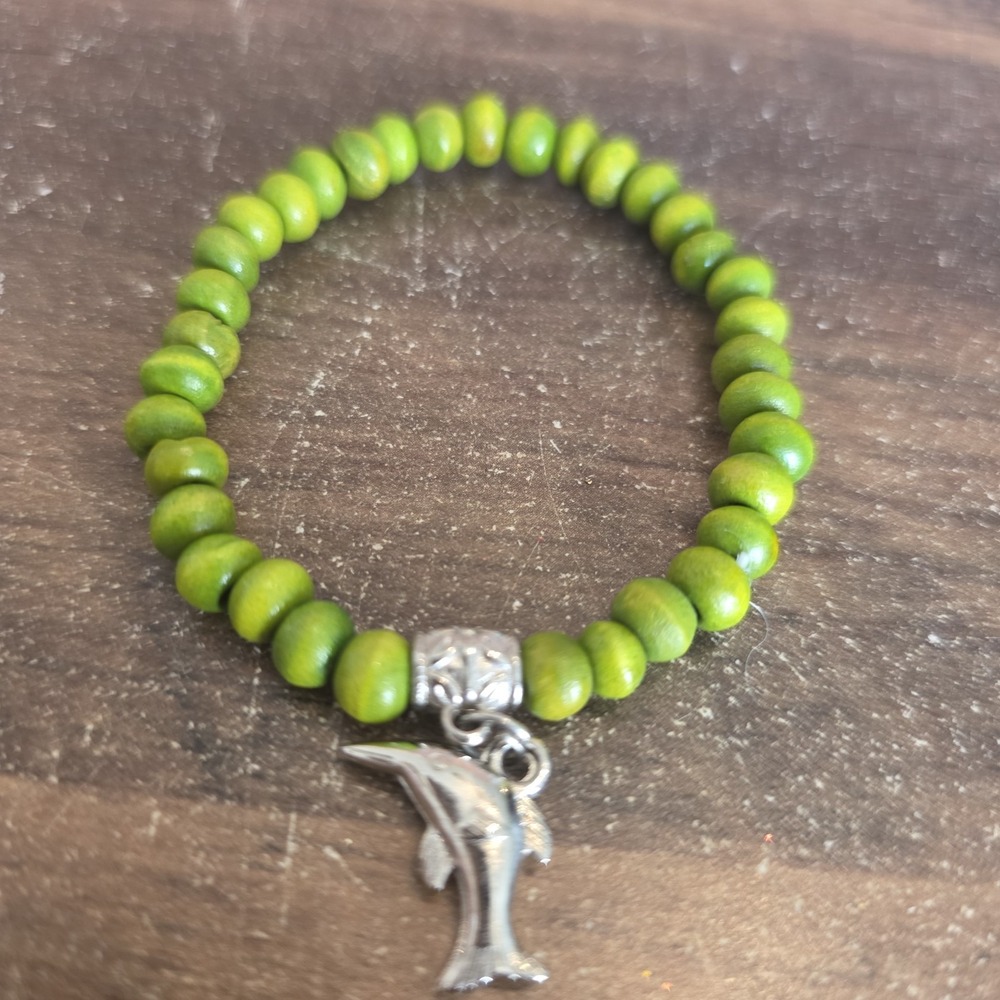 Dolphin Bracelet Green Silver Stretch Wood‎ Beads Metal Dolphin Charm 2.5"